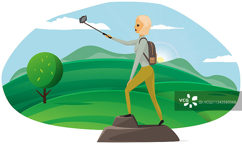 在山顶摆姿势拍照的女士图片素材