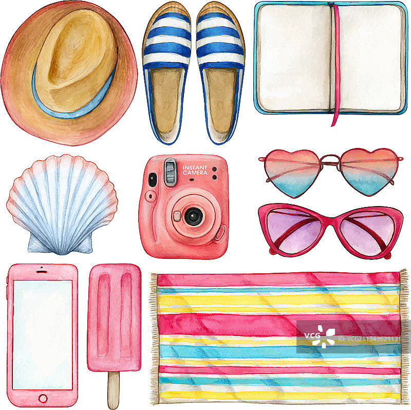 水彩夏季物体图标套装（粉色和蓝色）图片素材