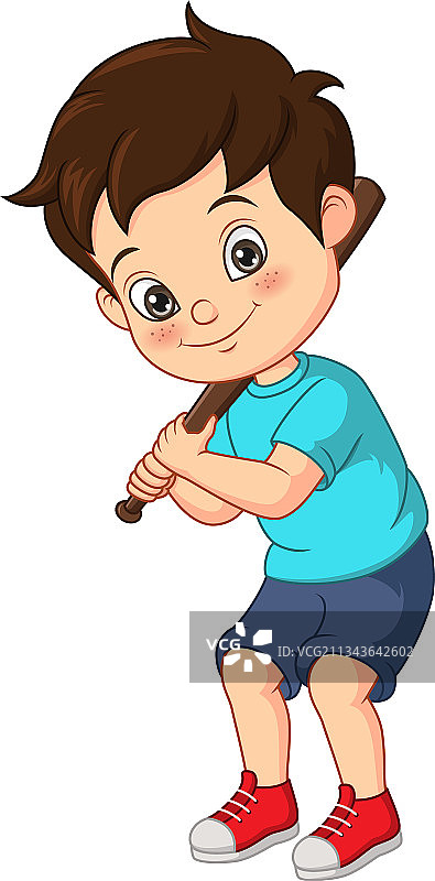 卡通小男孩用木棒击球图片素材