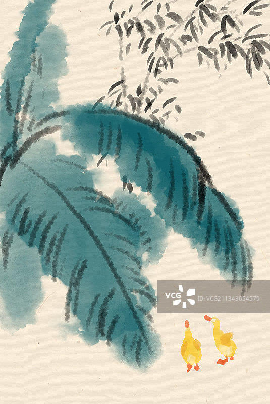 中国风田园风农村乡下芭蕉叶下小鸭子生活方式情趣插画图片素材