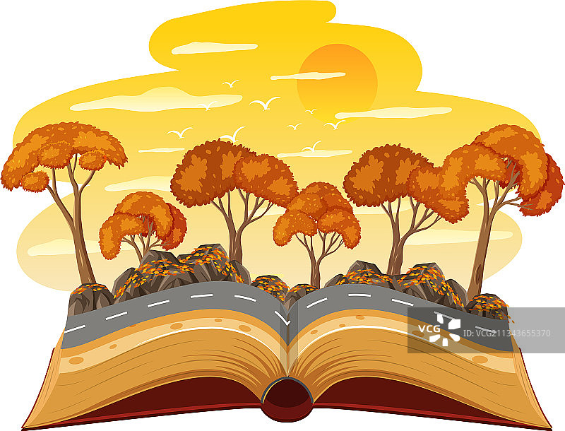 日落时分秋季森林中的打开的书本图片素材