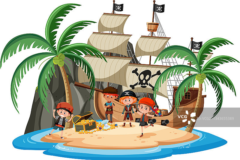 岛屿上的海盗船和孩子们图片素材