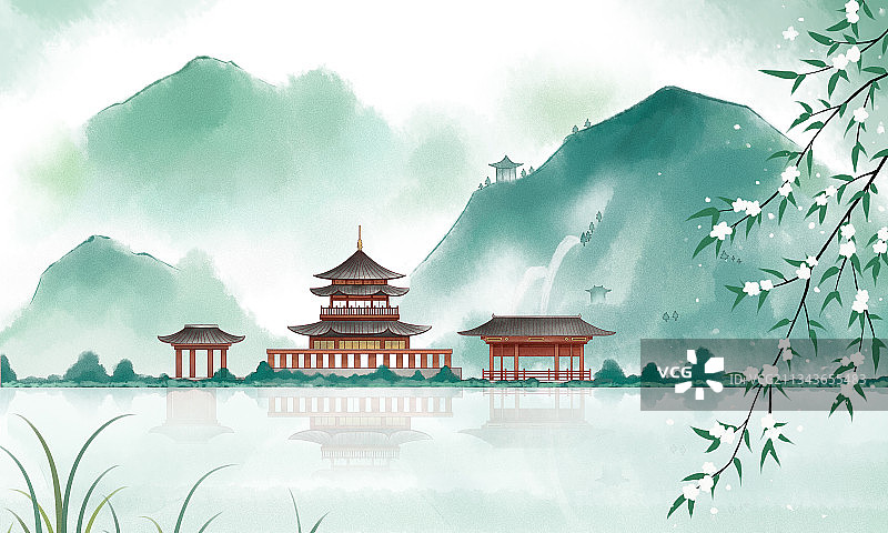 中国园林亭台楼阁水彩画图片素材