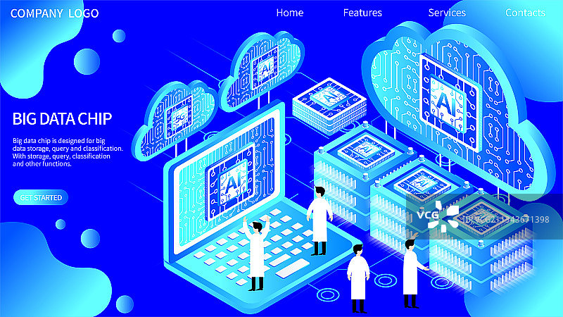 大数据AI科技芯片云计算2.5D立体矢量插画图片素材