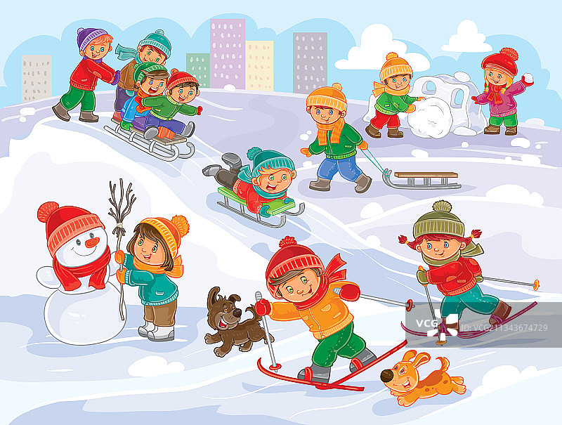 孩子们在冬天户外玩耍图片素材