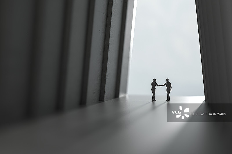 拱形走廊的现代建筑和握手的商务人士，三维图形图片素材