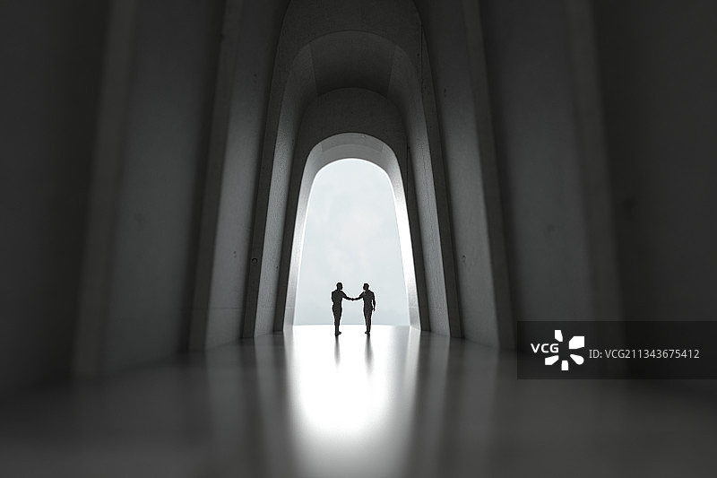拱形走廊的现代建筑和握手的商务人士，三维图形图片素材