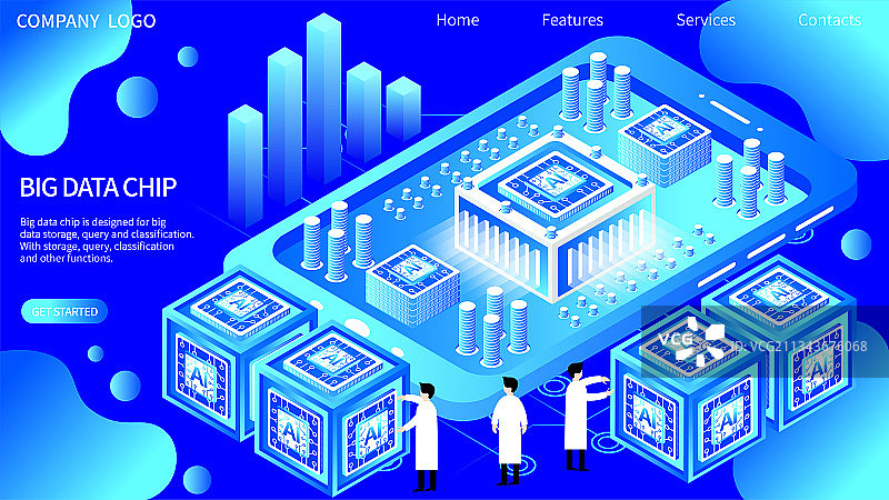 移动AI科技大数据芯片2.5D立体矢量插画图片素材