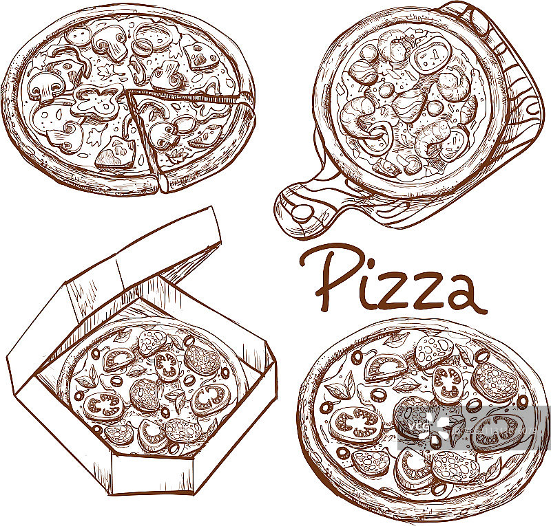 木板上的整块披萨和披萨切片合集图片素材