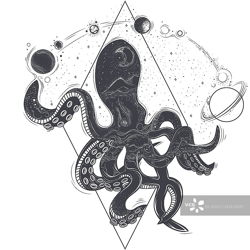 几何章鱼和宇宙行星图片素材