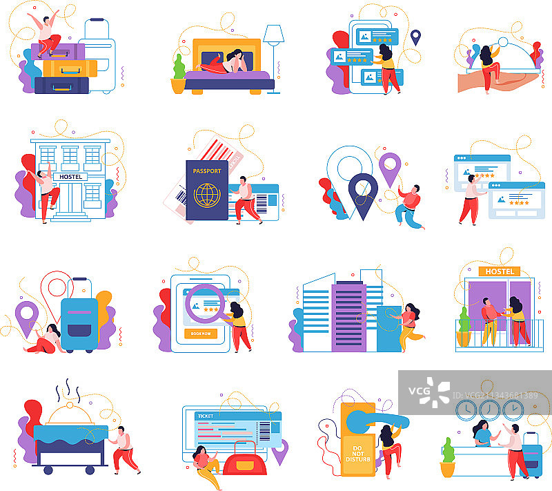 旅馆和游客四驱车扁平图标图片素材