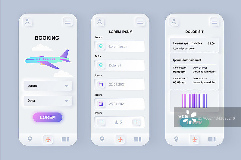航班预订新拟态设计套件图片素材