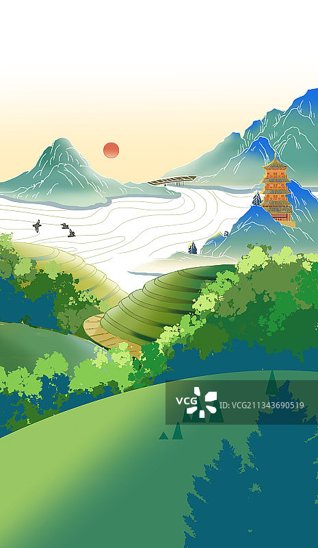 中国风青绿山水中国画田园风光农村乡下梯田美好生活方式插画图片素材