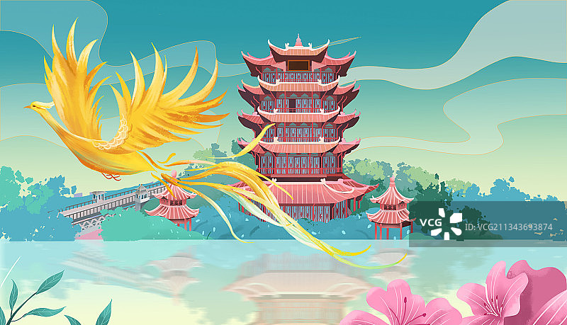 中国风湖北武汉黄鹤楼历史古建筑古风凤凰飞天背景国潮风插画图片素材