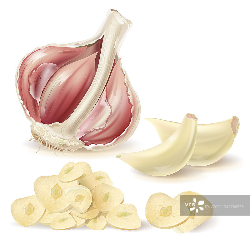 逼真的去皮大蒜和切片图片素材