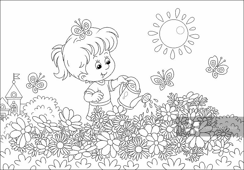 快乐的小女孩给鲜艳的花朵浇水图片素材