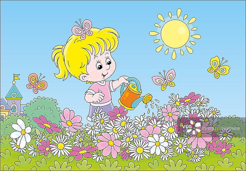 快乐的小女孩给鲜艳的花朵浇水图片素材