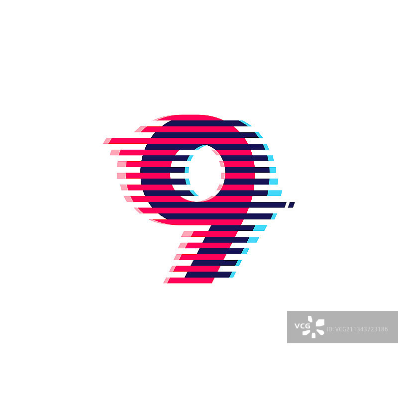 数字9标志，具有鲜艳的线条故障效果图片素材