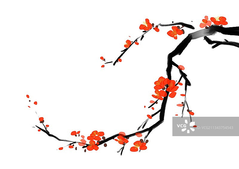 中国风插画设计元素冬天节气中国红梅花水墨画图片素材