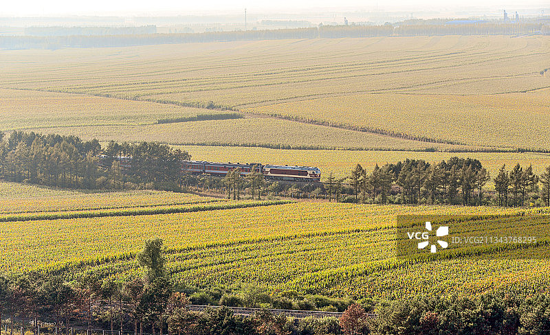 DF4DK机车牵引客车逆光下行驶在秋日绥佳线上图片素材