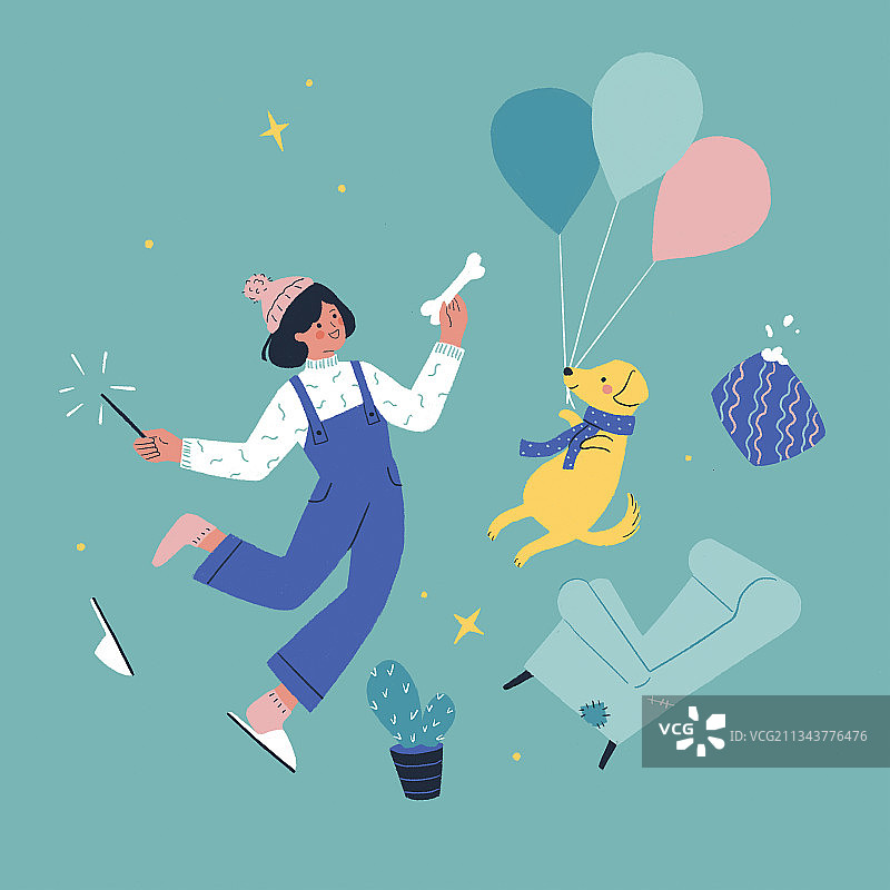 女孩和飞翔的狗狗插画图片素材