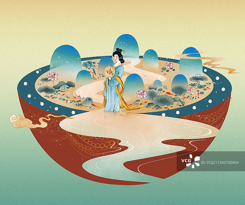 中国风鼓上山水神女图图片素材