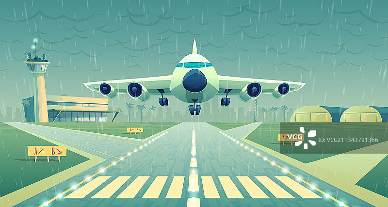 跑道上的白色卡通喷气式客机图片素材