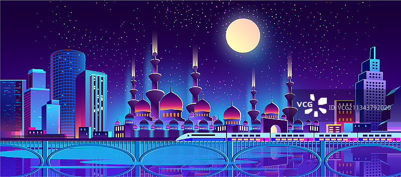 带穆斯林清真寺的夜景城市背景图片素材