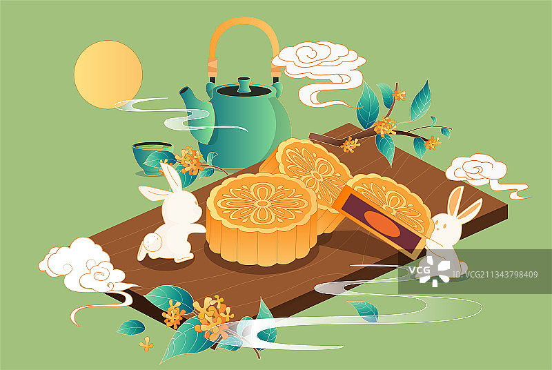中秋玉兔吃月饼插画图片素材