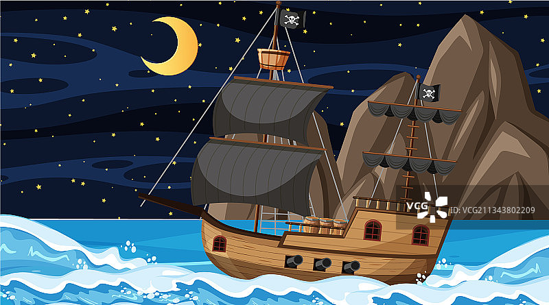 卡通夜间海盗船场景图片素材