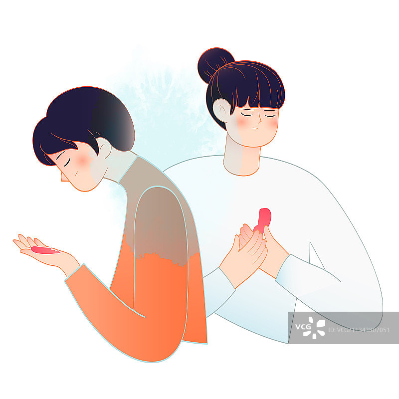 男孩女孩低着头拿着破碎的爱心矢量人物插画元素图片素材