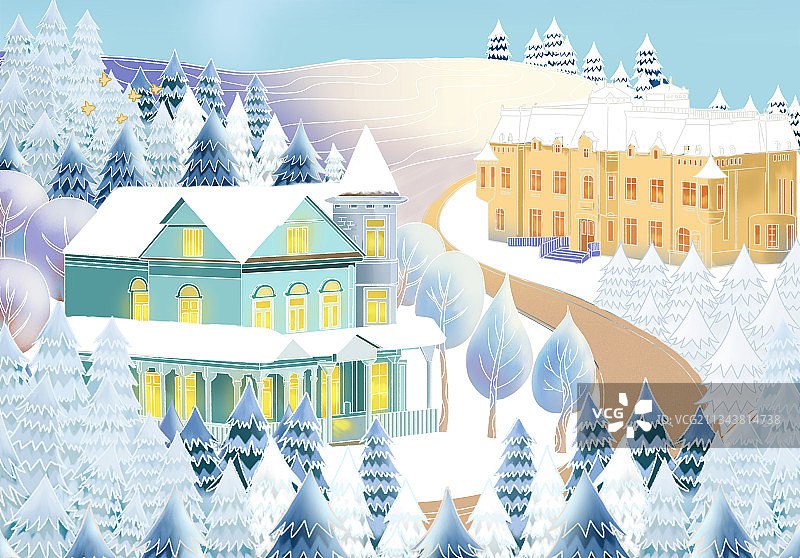 中国风北方冬天大雪寒冷户外城市老建筑森林茂盛插画图片素材