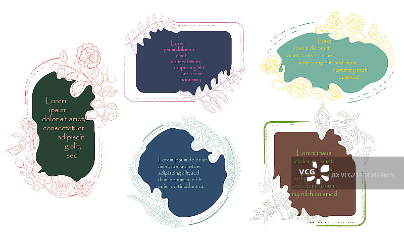 带有草本轮廓的五个复古相框图片素材