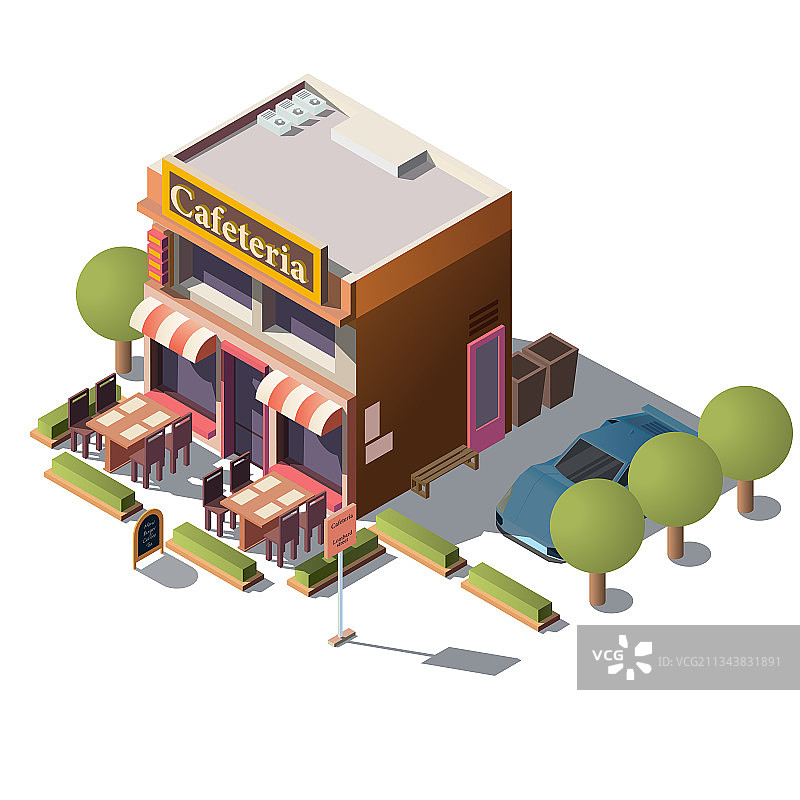 带有阳台的自助餐厅2.5D等距模型图片素材