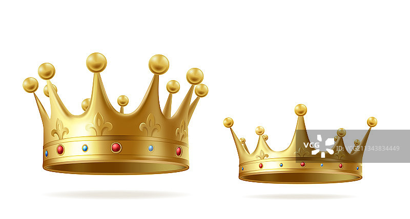 镶嵌宝石的金色逼真国王或王后皇冠套装图片素材