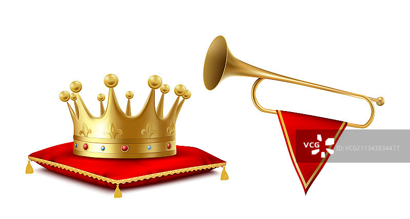 金色皇冠和铜号喇叭纹章套装图片素材