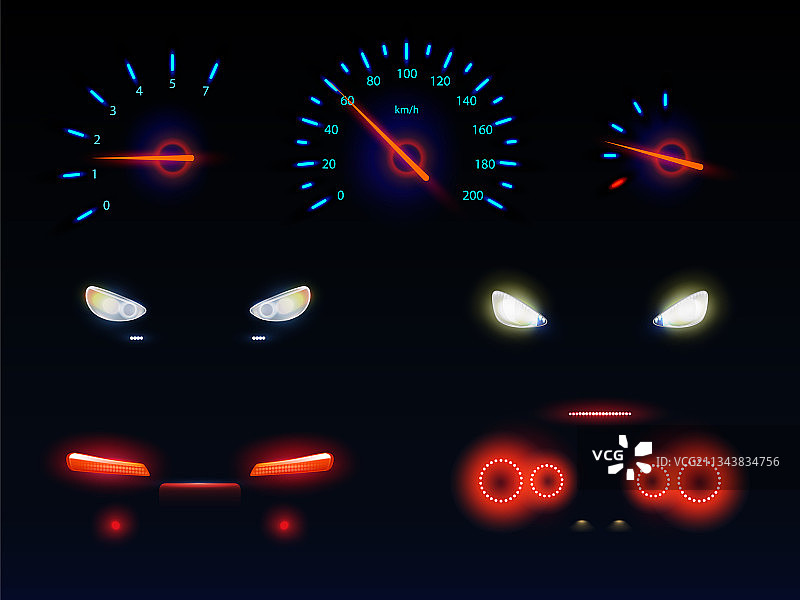 汽车前灯和仪表盘刻度盘套装图片素材