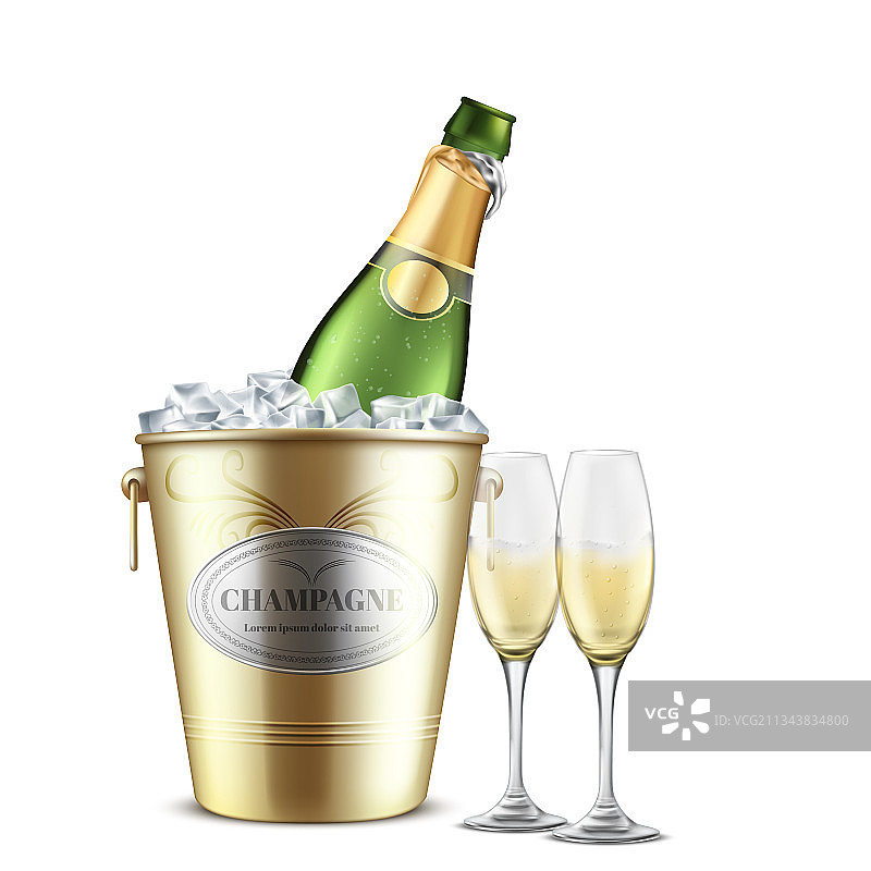 冰桶中打开的香槟酒瓶图片素材