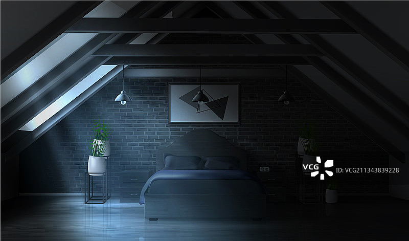 阁楼卧室空旷月光内景图片素材