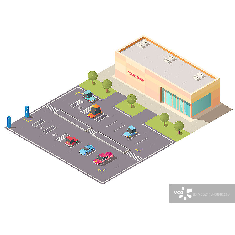 商店建筑附近的2.5D停车场图片素材