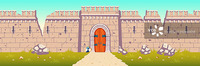 中世纪城堡破损的墙壁卡通图片素材