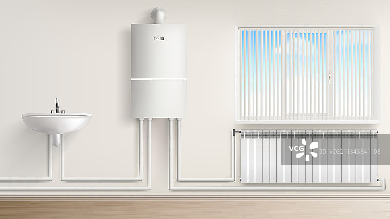 带散热器和洗脸盆的锅炉热水器图片素材