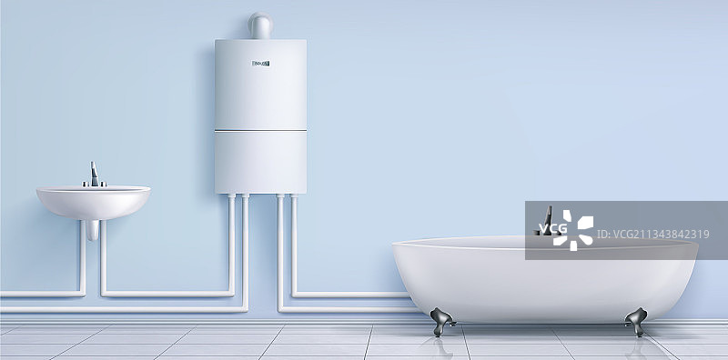 浴室锅炉热水器、洗脸盆和浴缸图片素材