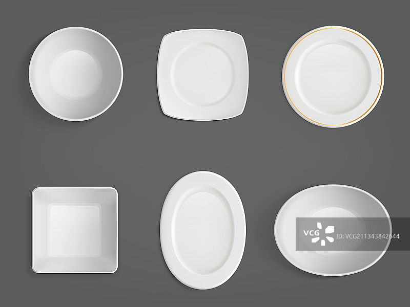 白色不同形状碗的俯视图图片素材