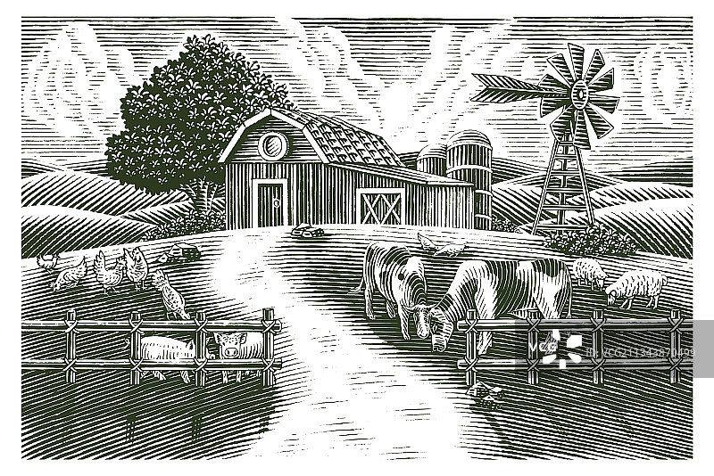 手绘复古农场景观图片素材