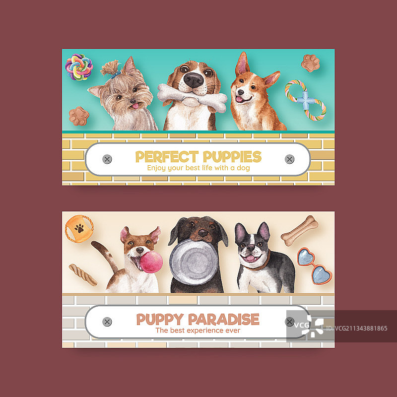 推特模板与可爱的狗概念水彩图片素材