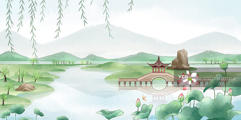 中国风亭台楼阁园林二十四节气水彩画图片素材