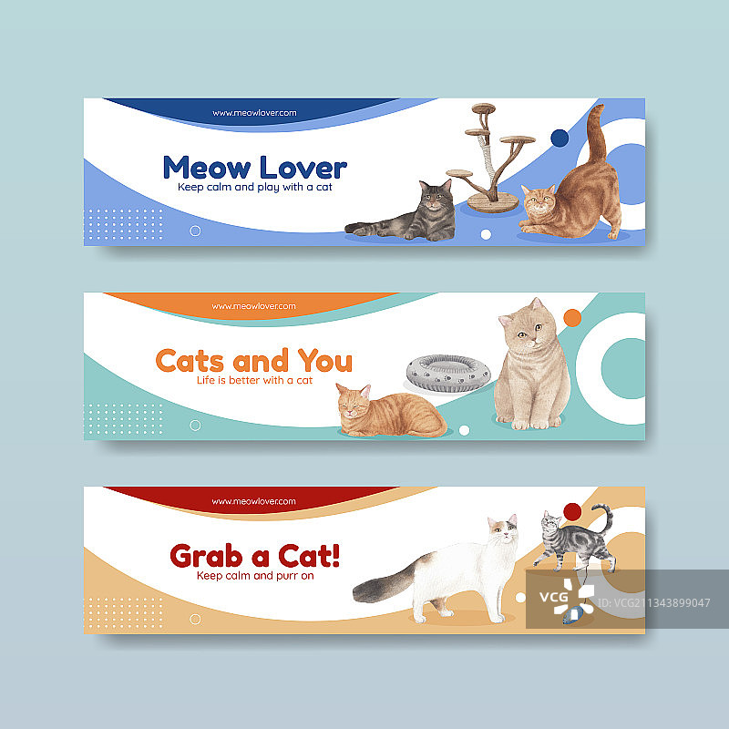 可爱猫咪水彩概念banner模板图片素材