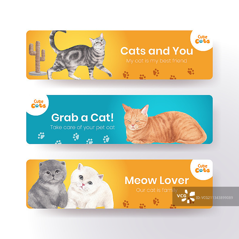 可爱猫咪水彩概念banner模板图片素材
