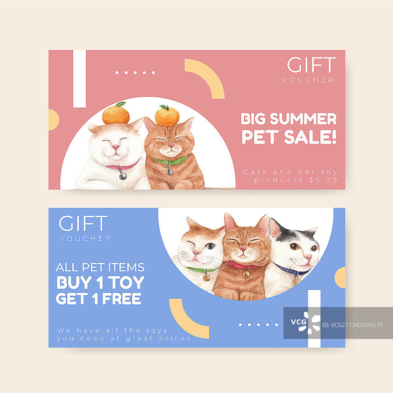 带可爱猫咪水彩概念的优惠券模板图片素材